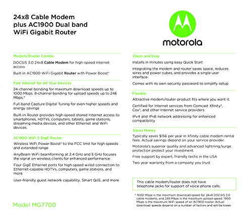Motorola MG7700 24x8 Kabelmodem Plus AC1900 Dualband-WLAN-Gigabit-Router mit Power Boost, maximal 1000 Mbit / s Docsis 3.0 - Genehmigt von Comcast Xfinity, Cox und mehr