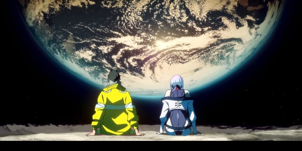 Cyberpunk 2077 Anime Edgerunners sitzen auf dem Mond und beobachten die Erde